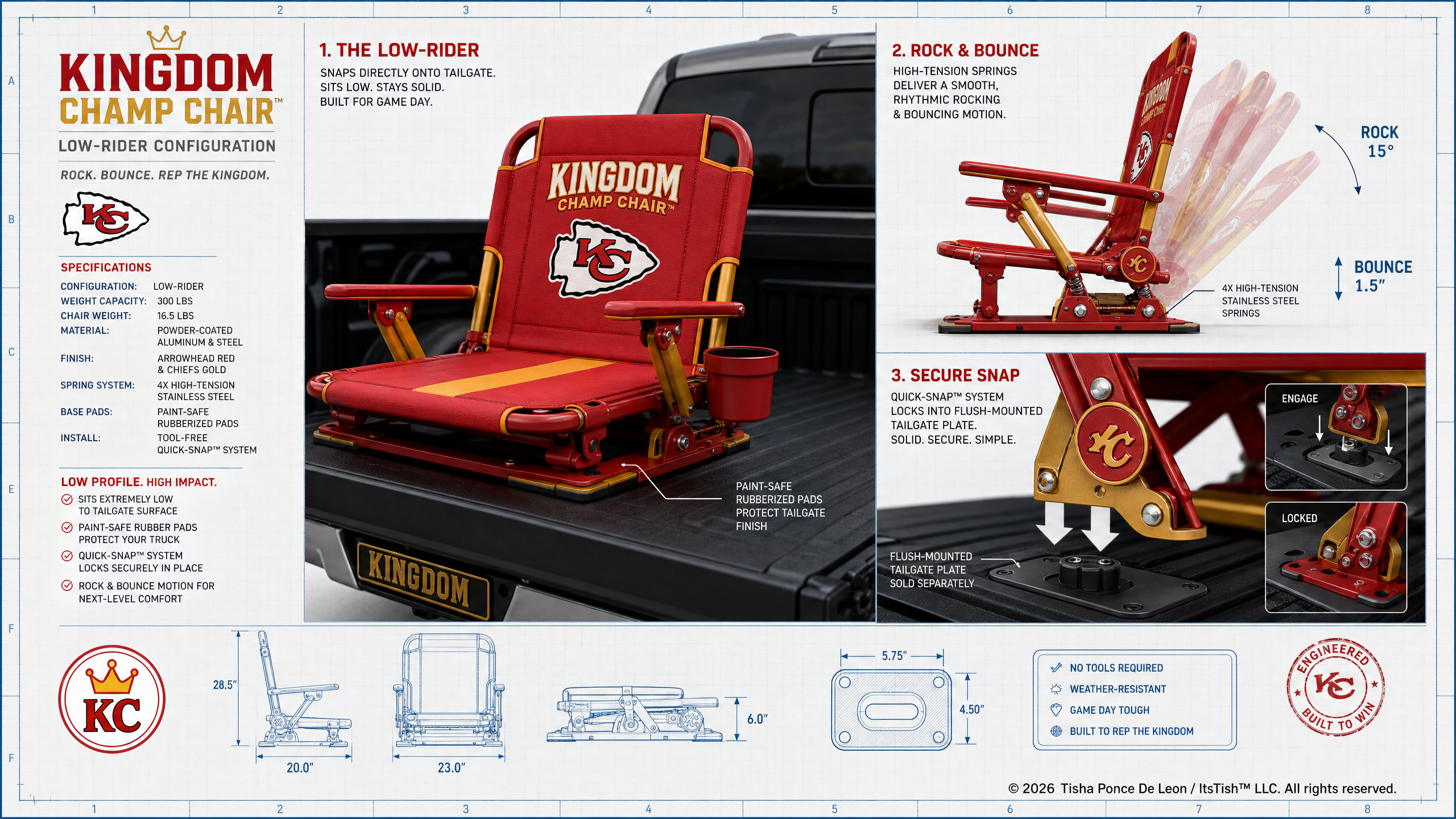Kingdom Champ Chair low-rider concept board showing a low-profile tailgate chair, cup holder, rubberized paint-safe pads, and snap-in receiver concept details.